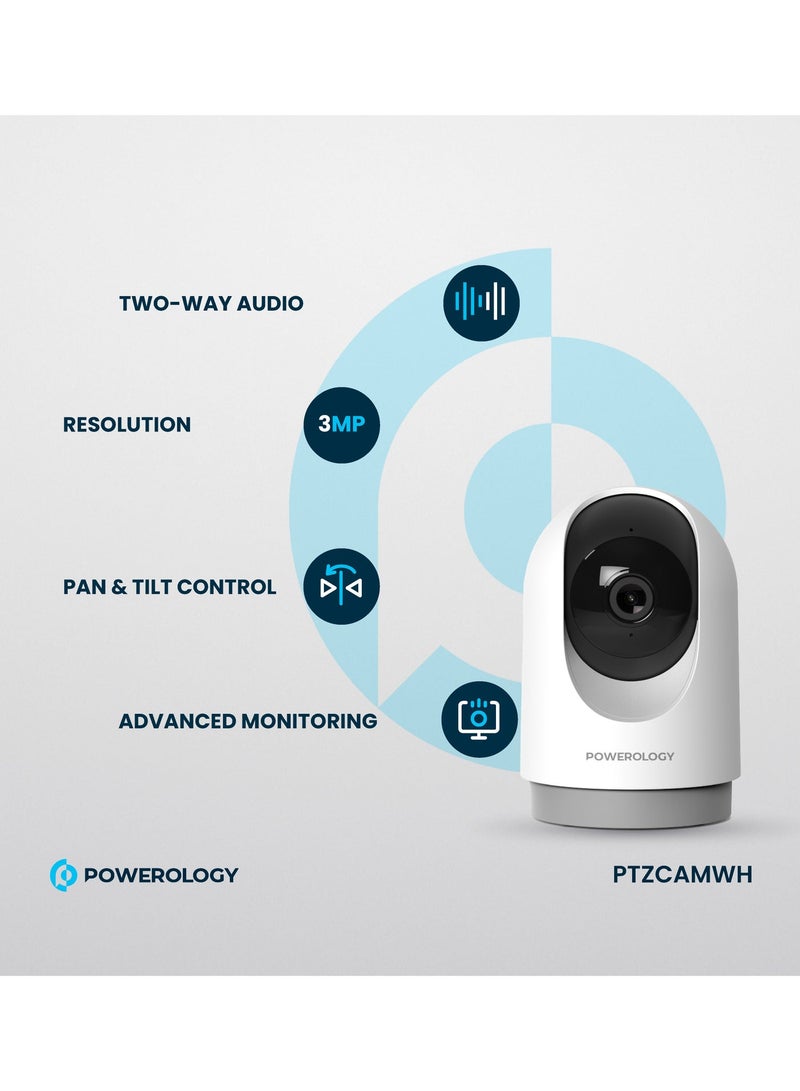 باورولوجي كاميرا BT داخلية ذكية PTZ / دقة 2304 × 1296 بكسل / 3 ميجا بكسل / مستشعر حركة / رؤية ليلية / مجال رؤية 100 درجة / صوت بخاصية إلغاء الصدى / صوت ثنائي الاتجاه / شبكة Wi-Fi 2.4 جيجا هرتز - أبيض - Image 3